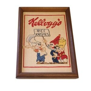 Kellogg's Rice Krispies Vintage Cross Stitched Framed Picture 1980s 5.75" x7.75"